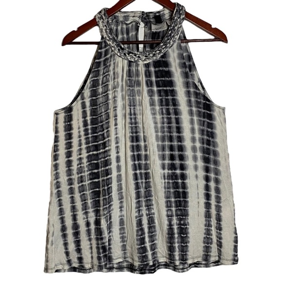 Antibes Blanc High Neck Tie Dye Black White Flowy Top Braided Collar Rayon XL - Picture 1 of 16